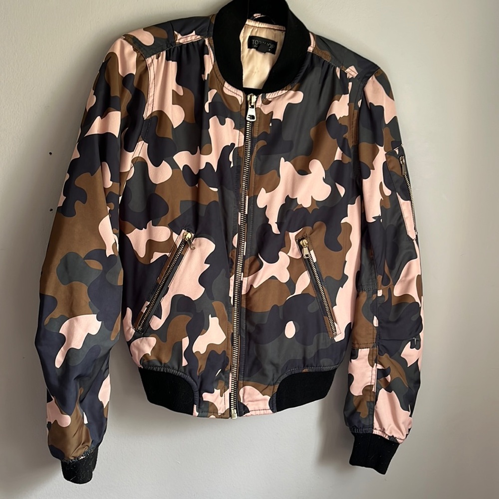 TopShop women’s pink and green camo print bomber jacket